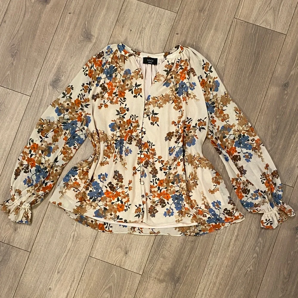 Vici Cream Floral Blouse with Blue and Orange Accents - Picture 3 of 9